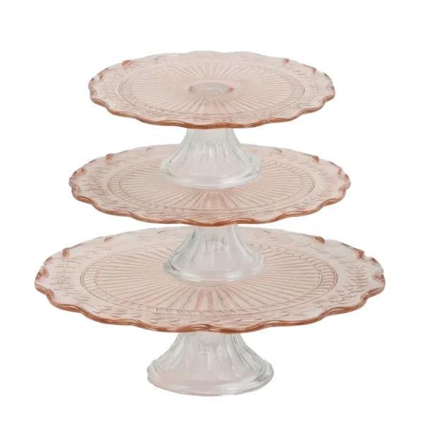 Insphire_Auckland_Hire_Cake Plate Vintage Pink Glass 3-pc set